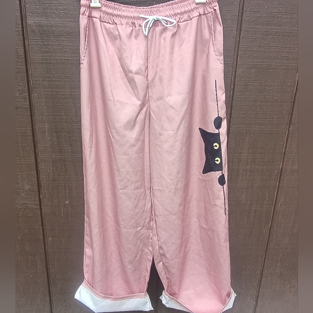 New Never Worn Pastel Pink Cat Print Wide Leg